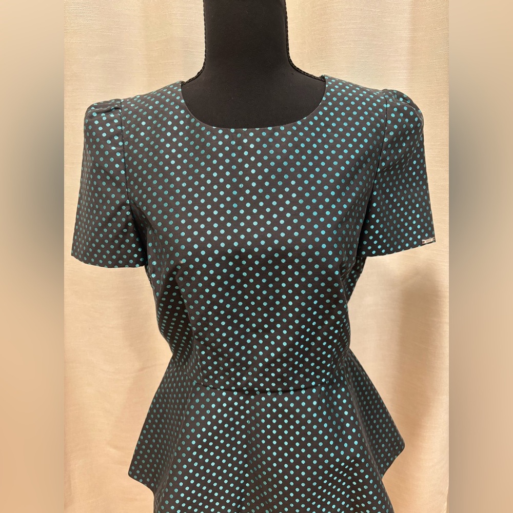 Simple Black and Teal Polka Dot Peplum Top Small